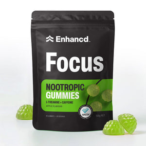 Enhancd Focus Gummies pouch with loose apple gummies