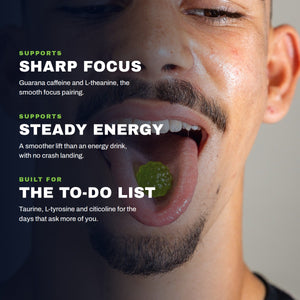 Man with an Enhancd Focus gummy on his tongue. Supports sharp focus, supports steady energy, built for the to-do list.