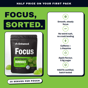 Enhancd Focus Gummies benefits. Smooth, steady focus, no weird rush and no crash landing, caffeine plus L-theanine, apple flavour with 0.6g sugar, HASTA certified and batch tested. 30 serves per pouch.