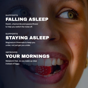Woman with an Enhancd Sleep gummy between her teeth. Supports falling asleep, supports staying asleep and improves your mornings.