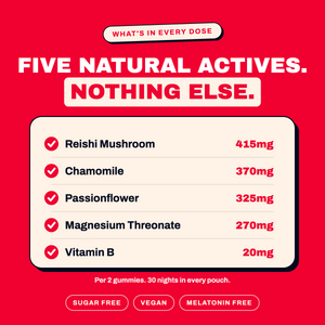 Five natural actives per dose: reishi mushroom, chamomile, passionflower, magnesium threonate and vitamin B. Sugar free, vegan and melatonin free.
